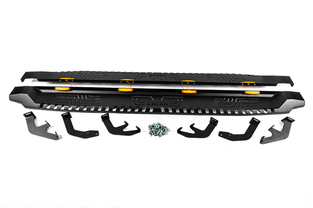 Бокові пороги Dakar V1 з LED (2 шт, метал) для Toyota Hilux 2015- рр