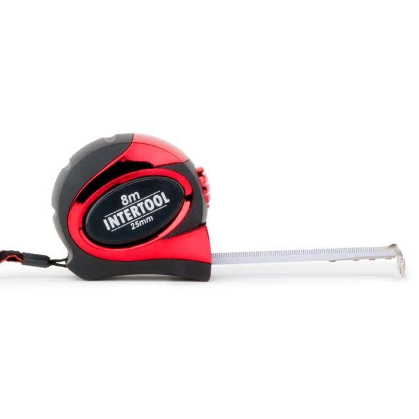 Рулетка 8 м x 25 мм с автоматической блокировкой полотна, на зацепе полотна установлены магниты INTERTOOL
