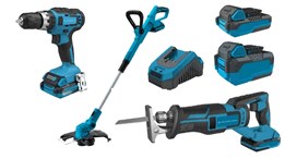 Набор аккумуляторнрных инструментов KRAISSMANN 20UL (ударный шуруповерт, сабельная пила, газонный триммер, АКБ 2000 мАч, АКБ 4000 мАч, зарядное устрой