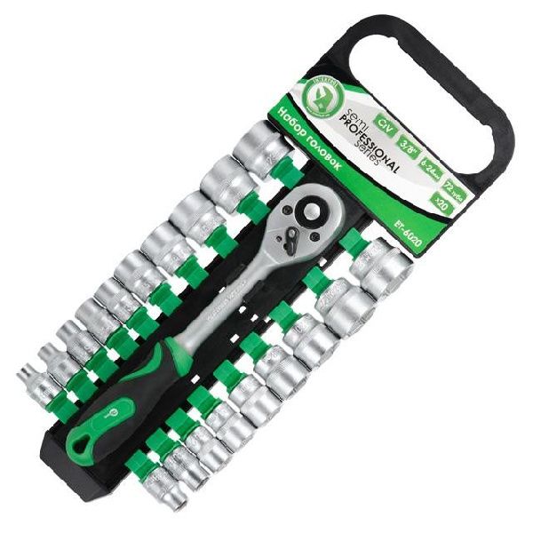 Набор торцевых головок с трещоточной рукояткой 3/8, Cr-V, 20 ед. GHI