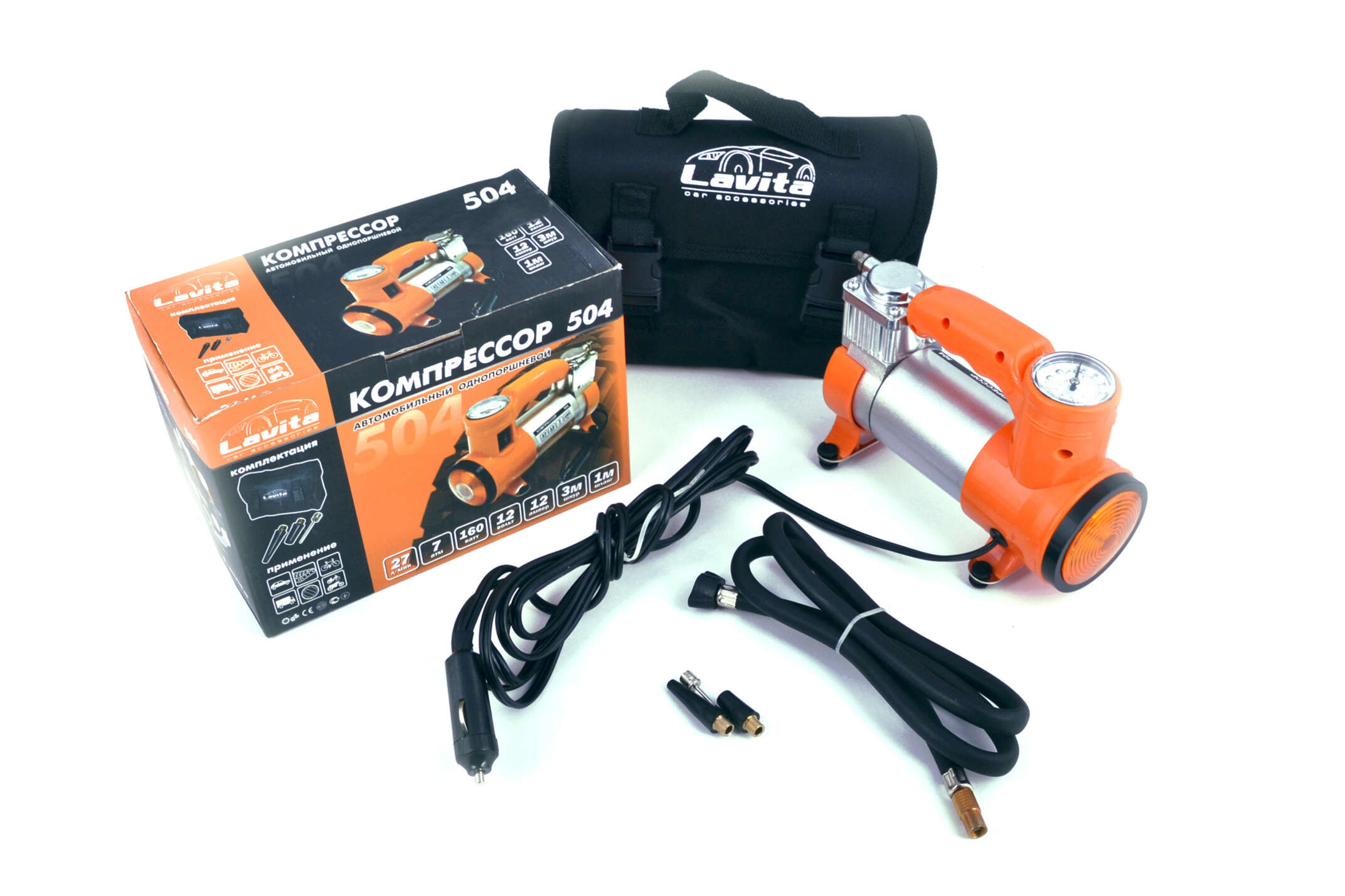 Компрессор 12В, 12А (27л/мин.,7атм.,160Вт) +сумка,фонарь (mod.504) LVT